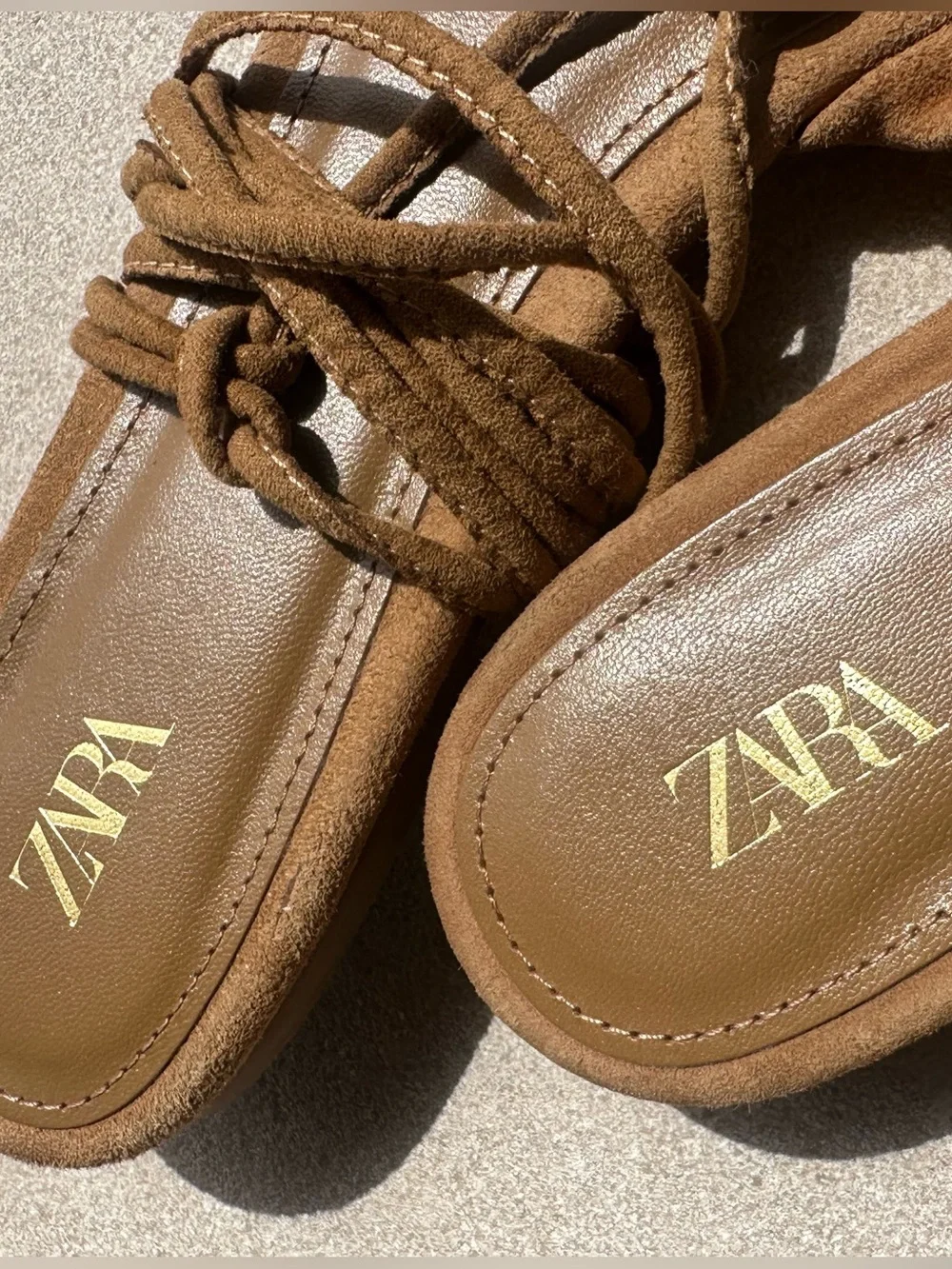 Zara Cognac Suede Gold Coastal Resort Beach Knotted Lace Tie Up Sandals- Size 41 - Picture 5 of 6